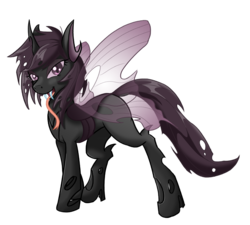 Size: 1109x1000 | Tagged: safe, artist:muggyheatwave, oc, oc only, oc:stradiverra, changeling, changeling oc, long tongue, purple changeling, simple background, solo, tongue out, transparent background