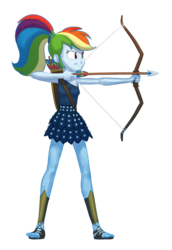 Size: 592x858 | Tagged: safe, artist:carnifex, rainbow dash, equestria girls, g4, aiming, archer dash, arrow, bow (weapon), bow and arrow, clothes, fanfic art, female, quiver, sandals, skirt, smirk, solo