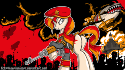 Size: 1920x1080 | Tagged: safe, artist:cyrilunicorn, sunset shimmer, pony, unicorn, g4, airship, butt, clothes, command and conquer, communism, crossover, female, fire, gun, kirov airship, looking back, natasha volkova, plot, red alert, red alert 3, rifle, smirk, solo, soviet, soviet shimmer, uniform, weapon
