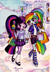 Size: 831x1200 | Tagged: safe, artist:shikimaakemi, rainbow dash, twilight sparkle, anthro, g4, bags, belt, bookstore, boots, clothes, cloudsdale, equestria girls outfit, female, ice cream, lesbian, mary janes, open mouth, pleated skirt, pony coloring, ship:twidash, shipping, shoes, shopping, signature, skirt, sneakers, socks, watermark
