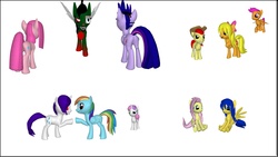 Size: 2408x1358 | Tagged: safe, applejack, fluttershy, pinkie pie, rainbow dash, rarity, twilight sparkle, oc, changeling, g4, 3d, amnesia, changelingified, infected, mane six, simple background, species swap, twilight sparkle (alicorn), white background