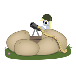 Size: 3124x2646 | Tagged: safe, artist:e-49, derpy hooves, pegasus, pony, g4, female, food, gun, high res, machine gun, mare, muffin, muffin gun, sandbag, simple background, solo, this will end in tears and/or breakfast, transparent background, vector, weapon