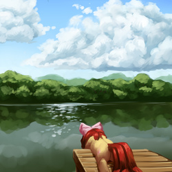 Size: 4000x4000 | Tagged: safe, artist:aphphphphp, apple bloom, g4, absurd resolution, cloud, female, forest, lake, lying down, pier, prone, reflection, scenery, solo, sploot