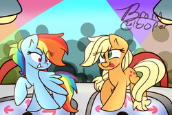 Size: 3000x2000 | Tagged: safe, artist:lynchristina, applejack, rainbow dash, g4, dance dance revolution, grin, high res, rhythm game, tongue out