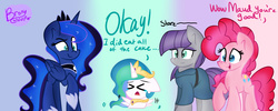 Size: 5000x2000 | Tagged: safe, artist:lynchristina, maud pie, pinkie pie, princess celestia, princess luna, g4, the gift of the maud pie, cake, cakelestia, chibi, confession, crying, eyes closed, food, high res