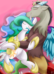 Size: 1000x1371 | Tagged: safe, artist:siranarchy95, discord, princess celestia, g4, cuddling, eyes closed, female, male, ship:dislestia, shipping, snuggling, straight