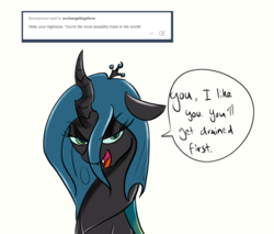 Size: 1000x850 | Tagged: safe, artist:xxmarkingxx, queen chrysalis, g4, ask, bedroom eyes, female, nochangelingshere, smiling, solo, tumblr