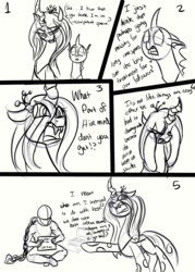 Size: 1000x1400 | Tagged: safe, artist:xxmarkingxx, queen chrysalis, oc, oc:anon, changeling, changeling queen, human, g4, chains, comic, computer, dialogue, female, monochrome, nochangelingshere, open mouth, pointing, sitting, yelling