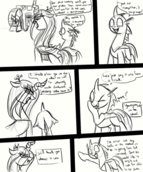 Size: 1000x1200 | Tagged: safe, artist:xxmarkingxx, queen chrysalis, changeling, g4, comic, hamster wheel, monochrome, nochangelingshere, smiling, wink