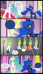 Size: 2000x3441 | Tagged: safe, artist:mlp-silver-quill, lickety split, princess celestia, princess luna, rumble, shady daze, shining armor, tender taps, g4, cocoon, comic, high res, magic suppression, unamused, upside down