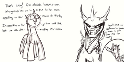 Size: 1600x800 | Tagged: safe, artist:xxmarkingxx, changeling, comic, cute, grin, monochrome, nochangelingshere, sharp teeth, smiling