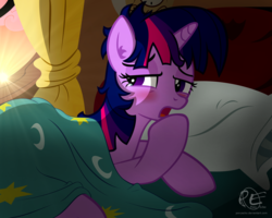 Size: 2000x1600 | Tagged: safe, artist:ponyecho, part of a set, twilight sparkle, pony, unicorn, g4, bed, bed hair, bed mane, blushing, cute, female, mare, messy hair, messy mane, morning ponies, multicolored hair, multicolored mane, open mouth, ponyecho is trying to murder us, purple body, purple coat, purple eyes, purple fur, purple hair, purple mane, purple pony, show accurate, sleepy, solo, striped hair, striped mane, sun, sunrise, tri-color hair, tri-color mane, tri-colored hair, tri-colored mane, tricolor hair, tricolor mane, tricolored hair, tricolored mane, unicorn twilight, window, yawn