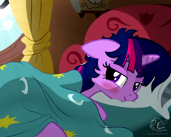 Size: 2000x1600 | Tagged: safe, artist:ponyecho, part of a set, twilight sparkle, alicorn, pony, g4, bed, bed hair, bed mane, bedroom eyes, blushing, cute, female, mare, morning, morning ponies, ponyecho is trying to murder us, show accurate, sleepy, smiling, solo, twiabetes, twilight sparkle (alicorn)
