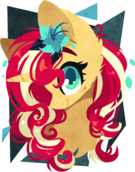 Size: 668x850 | Tagged: safe, artist:tay-niko-yanuciq, sunset shimmer, pony, unicorn, g4, blushing, bust, female, flower, flower in hair, portrait, simple background, solo, transparent background