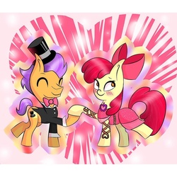 Size: 1080x1080 | Tagged: safe, artist:bronygirlforeva, apple bloom, tender taps, g4, blushing, clothes, female, hat, male, shipping, straight, tenderbloom, top hat, tuxedo