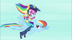 Size: 856x479 | Tagged: safe, screencap, rainbow dash, human, pegasus, pony, equestria girls, friendship games bloopers, g4, my little pony equestria girls: friendship games, awesome, blooper, deleted scene, double rainbow, duo, female, flying, human ponidox, humans riding ponies, mare, riding, self ponidox, self riding