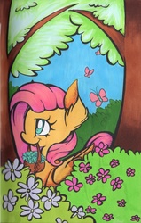 Size: 1872x2943 | Tagged: safe, artist:cutepencilcase, fluttershy, butterfly, g4, basket, female, forest, mouth hold, solo, traditional art
