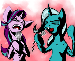 Size: 898x726 | Tagged: safe, artist:magello, starlight glimmer, trixie, pony, unicorn, g4, color, duo, eyes closed, female, hoof hold, karaoke, mare, microphone, open mouth, singing