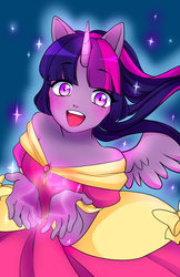 Size: 3300x5100 | Tagged: safe, artist:asparagusapparatus, artist:techycutie, twilight sparkle, anthro, g4, absurd resolution, clothes, coronation dress, dress, female, magic, open mouth, solo, twilight sparkle (alicorn)