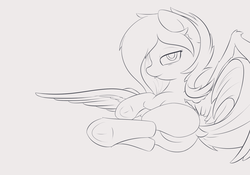 Size: 1024x716 | Tagged: safe, artist:dusthiel, oc, oc only, pegasus, pony, butt, female, grayscale, lying down, monochrome, on side, plot, solo, tongue out, underhoof