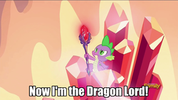 Size: 960x540 | Tagged: safe, edit, edited screencap, screencap, spike, gauntlet of fire, bloodstone scepter, discovery family logo, dragon lord spike, image macro, male, meme, solo, text