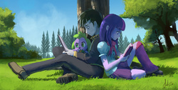 Size: 1024x518 | Tagged: safe, artist:grissaecrim, spike, twilight sparkle, oc, oc:loyal wing, dog, equestria girls, g4, back to back, book, clothes, reading, sitting, spike the dog, tree