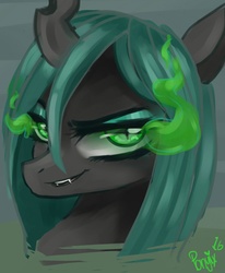 Size: 1000x1216 | Tagged: safe, artist:ponyix, queen chrysalis, changeling, changeling queen, g4, female, glowing eyes, smiling, solo