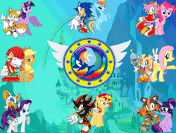 Size: 800x600 | Tagged: safe, artist:trungtranhaitrung, angel bunny, applejack, fluttershy, pinkie pie, rainbow dash, rarity, sci-twi, sunset shimmer, twilight sparkle, chao, pony, unicorn, equestria girls, g4, amy rose, canterlot castle, cream the rabbit, crossover, equestria girls ponified, gif, knuckles the echidna, logo, male, mane six, miles "tails" prower, non-animated gif, ponified, rouge the bat, sega, shadow the hedgehog, sonic brony united league, sonic the hedgehog, sonic the hedgehog (series), sticks the badger, twilight sparkle (alicorn), unicorn sci-twi