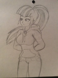 Size: 717x960 | Tagged: safe, artist:discorded-joker, sonata dusk, equestria girls, g4, clothes, female, hoodie, jeans, monochrome, pants, solo, traditional art
