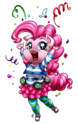 Size: 500x782 | Tagged: safe, artist:pia-sama, pinkie pie, anthro, comic:rogue diamond, g4, chibi, clothes, condom, converse, cute, female, frilly underwear, grenade, heart, heart print underwear, open mouth, panties, pantyhose, shoes, simple background, skirt, sneakers, solo, striped pantyhose, underwear, white background, white underwear