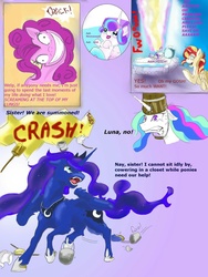 Size: 775x1032 | Tagged: safe, artist:firimil, pinkie pie, princess celestia, princess flurry heart, princess luna, sunset shimmer, alicorn, pony, g4, alicornified, comic, fanfic art, hat, headbucket, race swap, shimmercorn, sunset shimmer is mad about everything