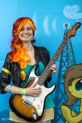 Size: 682x1024 | Tagged: safe, artist:sunny-tooi, artist:tooi, sunset shimmer, human, equestria girls, g4, clothes, cosplay, costume, electric guitar, guitar, irl, irl human, musical instrument, photo, ponyradiocon