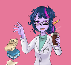 Size: 800x733 | Tagged: safe, artist:tzc, sci-twi, twilight sparkle, equestria girls, g4, book, coffee, female, glasses, notes, solo, tired