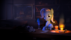 Size: 1920x1080 | Tagged: safe, artist:thesokol, trixie, pony, unicorn, g4, 3d, alicorn amulet, book, bookshelf, candle, chair, cup, female, flower, inkwell, looking at you, mare, night, painting, pen, pointing, solo, source filmmaker