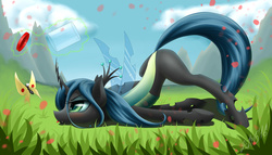 Size: 1944x1111 | Tagged: safe, artist:zigword, queen chrysalis, butterfly, changeling, changeling queen, g4, :p, blushing, bottle, cute, cutealis, face down ass up, female, glare, grass, hunting, levitation, magic, prone, scooting, solo, telekinesis, tongue out, unamused