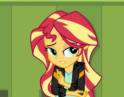 Size: 982x764 | Tagged: safe, edit, edited screencap, screencap, sunset shimmer, equestria girls, g4, my little pony equestria girls: friendship games, spoiler:comic, bedroom eyes, cute, hair over one eye, inverted mouth, looking at you, smiling, smiling at you, tsundere, tsunset shimmer
