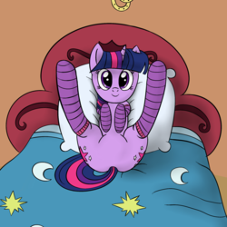 Size: 1754x1754 | Tagged: safe, artist:dopeedit, twilight sparkle, g4, bed, both cutie marks, clothes, featureless crotch, female, looking at you, on back, pillow, socks, solo, striped socks