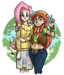 Size: 700x822 | Tagged: safe, artist:theartrix, fluttershy, tree hugger, human, g4, clothes, humanized, jeans, midriff, pants, peace sign, skirt, sweater, sweatershy, turtleneck, vest