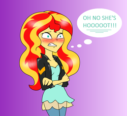 Size: 1280x1180 | Tagged: safe, artist:purfectprincessgirl, sunset shimmer, equestria girls, g4, blushing, comic, dialogue, female, humanized, implied adagio dazzle, implied lesbian, implied sunsagio, lesbian, meme, oh no he's hot, ship:sunsagio, shipping, solo, spongebob squarepants, squilliam returns, sweat, sweating profusely