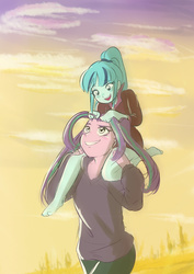 Size: 2480x3507 | Tagged: safe, artist:amazingpuffhair, aria blaze, sonata dusk, equestria girls, g4, barefoot, feet, grin, high res, shoulder ride, sisters, younger