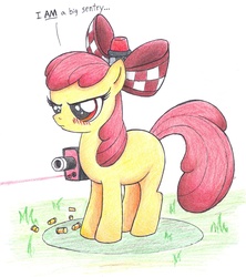 Size: 1404x1583 | Tagged: dead source, safe, artist:blackhammer-0001, apple bloom, earth pony, pony, g4, adorabloom, annoyed, blushing, bullet, crossover, cute, dialogue, female, filly, mini-sentry gun, scowl, sentry gun, solo, speech bubble, team fortress 2, traditional art, wat