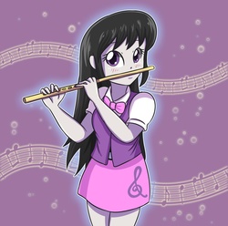 Size: 1024x1014 | Tagged: dead source, safe, artist:sumin6301, octavia melody, equestria girls, g4, bowtie, clothes, female, flute, music notes, musical instrument, playing, skirt, solo, vest