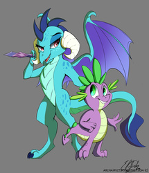 Size: 1024x1190 | Tagged: safe, artist:archaspect, princess ember, spike, dragon, g4, bloodstone scepter, dragon lord ember, duo, gray background, looking at each other, simple background, smiling, spread wings, wings