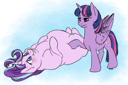 Size: 2824x1877 | Tagged: safe, artist:floots, starlight glimmer, twilight sparkle, alicorn, pony, unicorn, g4, blushing, cheek fluff, chubby, colored pupils, cute, double chin, duo, duo female, ear fluff, fat, female, fluffy, glimmerbetes, lying down, mare, obese, on back, poking, pudgy, shoulder fluff, starlard glimmer, twilight sparkle (alicorn), twilight sparkle is not amused, unamused, wing fluff