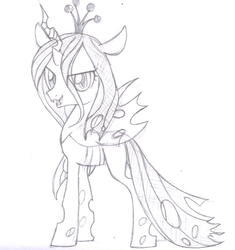 Size: 1409x1499 | Tagged: safe, artist:mikey-pony, queen chrysalis, changeling, changeling queen, g4, crown, female, jewelry, looking at you, monochrome, regalia, smiling, solo, traditional art