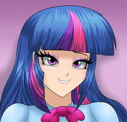 Size: 600x573 | Tagged: safe, artist:thebrokencog, twilight sparkle, equestria girls, g4, bedroom eyes, bust, clothes, female, grin, human coloration, icon, portrait, smiling, solo