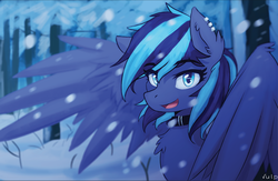 Size: 1964x1282 | Tagged: safe, artist:vulpessentia, oc, oc only, pegasus, pony, chest fluff, collar, ear fluff, ear piercing, female, looking at you, mare, open mouth, piercing, smiling, snow, snowfall, solo, spread wings, tree, wings, winter