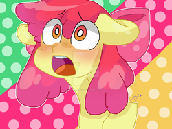 Size: 1024x768 | Tagged: safe, artist:mickathecat, apple bloom, g4, female, floppy ears, open mouth, solo, watermark
