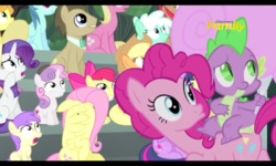 Size: 800x480 | Tagged: safe, screencap, apple bloom, applejack, carrot top, doctor whooves, fluttershy, golden harvest, lily, lily valley, pinkie pie, rarity, spike, sweetie belle, time turner, twilight sparkle, alicorn, dragon, earth pony, pegasus, pony, newbie dash, cotton candy, discovery family logo, dragons riding ponies, female, filly, food, male, mare, riding, sitting, spike riding pinkie pie, stallion, twilight sparkle (alicorn), wing hands