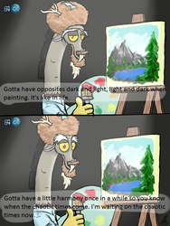 Size: 500x666 | Tagged: safe, anonymous artist, discord, g4, bob ross, comic, male, paintbrush, solo